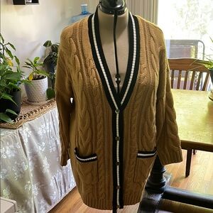 Torrid Tan Cable Knit Cardigan with Striped Trim